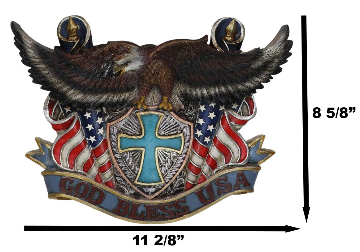 Patriotic Flags Bald Eagle On Cross Crest God Bless USA Wall Plaque Sculpture - Ebros Gift