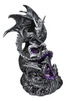 Silver Gothic Dragon On Oversized Skull with Faux Geode Crystal LED Figurine