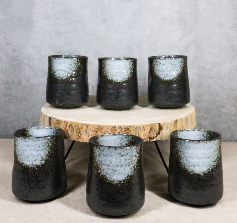 Pack Of 6 Charcoal Grey Tone Hakumu Reactive Glaze Ceramic Yunomi Tea Cups 9oz