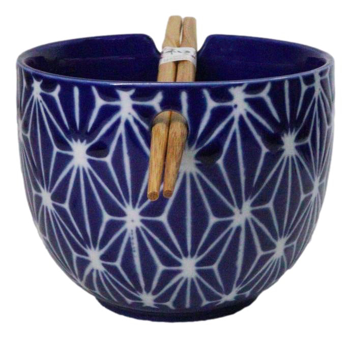 Asanoha Geometric Blue And White Donburi Ramen Soup Bowl With Chopsticks