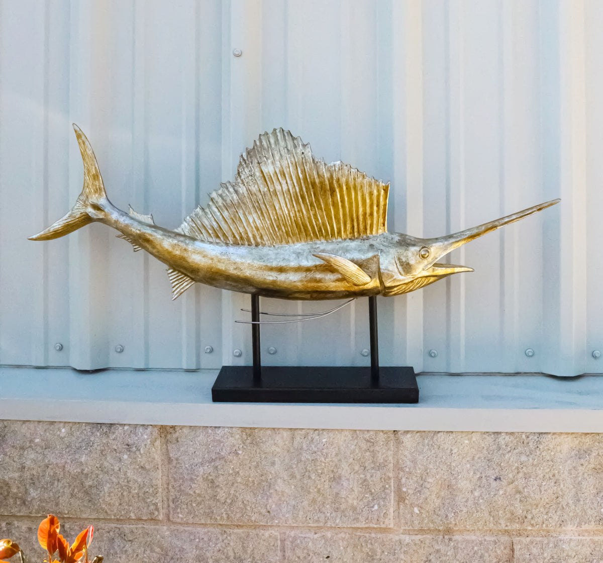 Large Marine Sea Life Sailfish Marlin Sculpture in Gold Leaf With Pole Stand 38"