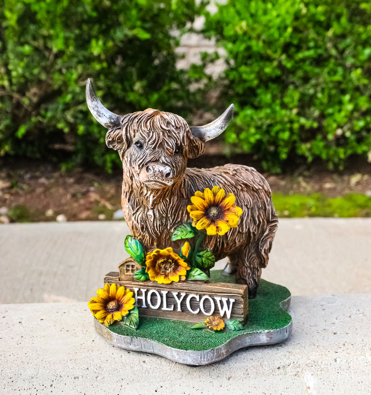 Western Scottish Highlands Cattle Cow with Sunflowers Holy Cow Plank Figurine