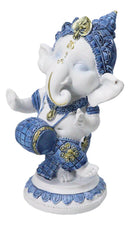 Blue White Hindu Elephant God Dancing Ganesha With Mridangam Drum Figurine