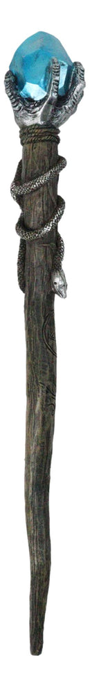 Gothic Fantasy Magic Wand With Skeletal Hand Serpent Coil Blue Crystal Gemstone
