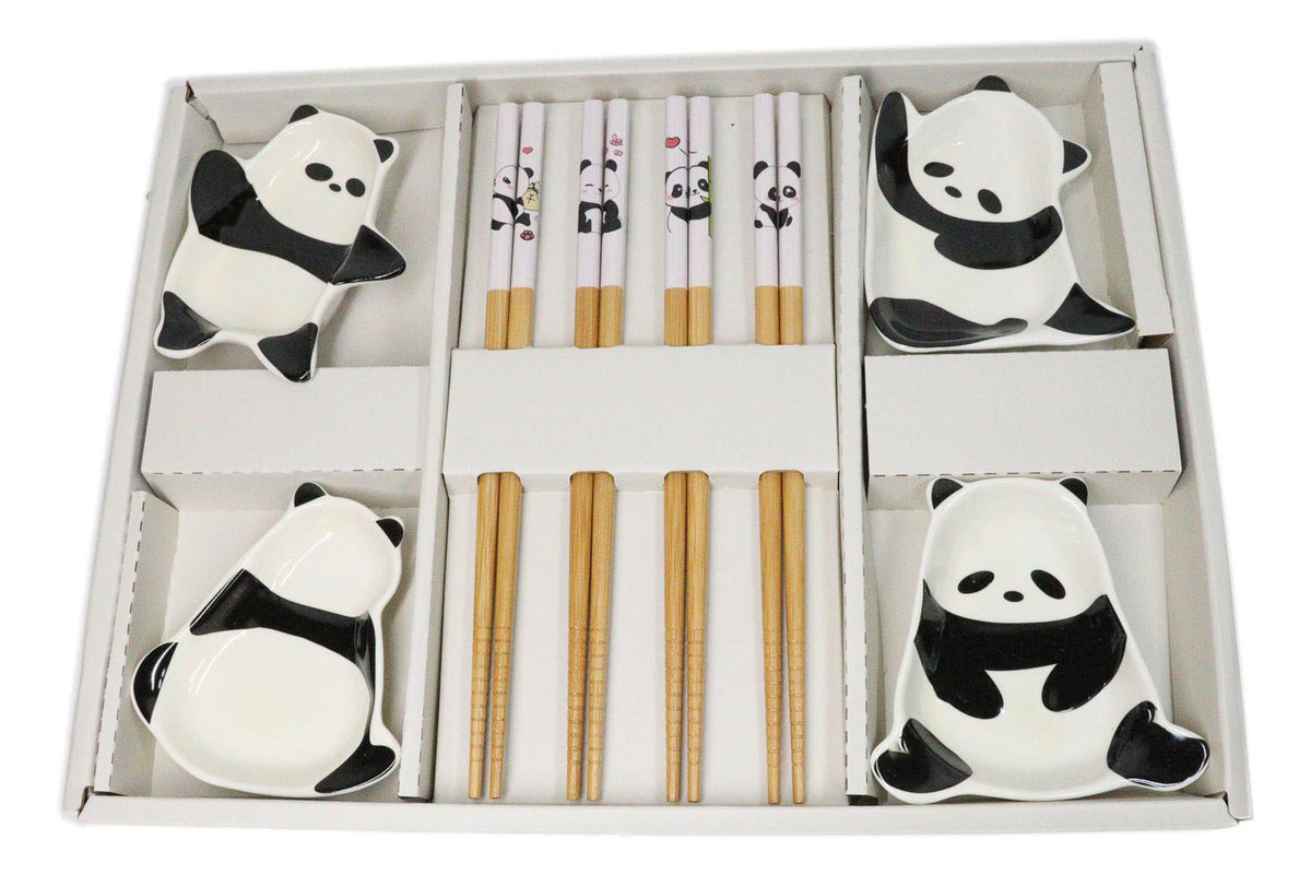 Happy Panda Bears Ceramic Sauce Dishes Chopsticks And Rests Sushi Set For 2