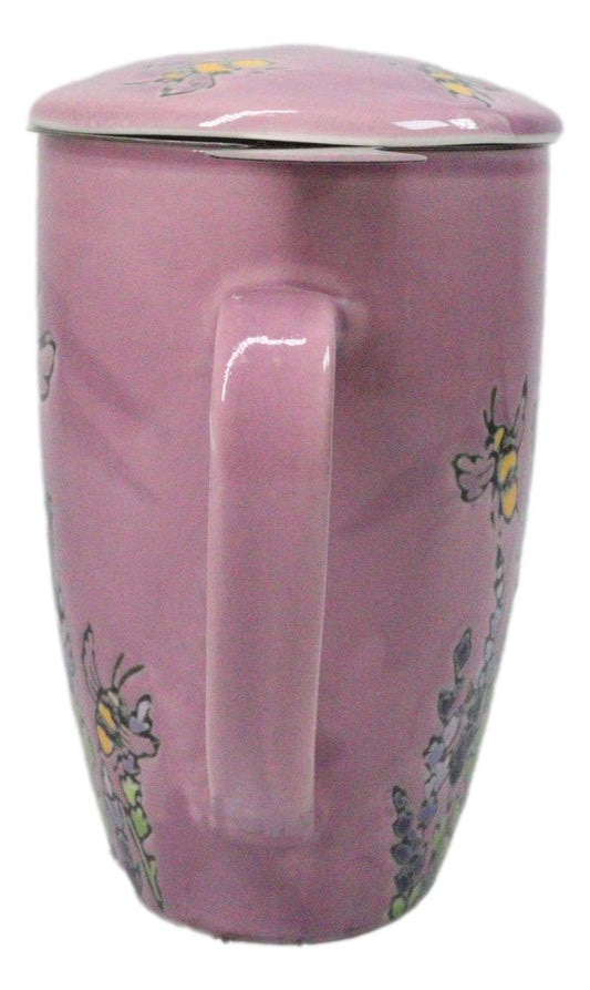 Pink Spring Honeybee 15oz Porcelain Tea Mug With Lid And Stainless Steel Infuser
