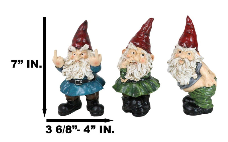 Set of 3 Rude Old Mr Gnomes Flipping The Bird Mooning and Conniving Figurines