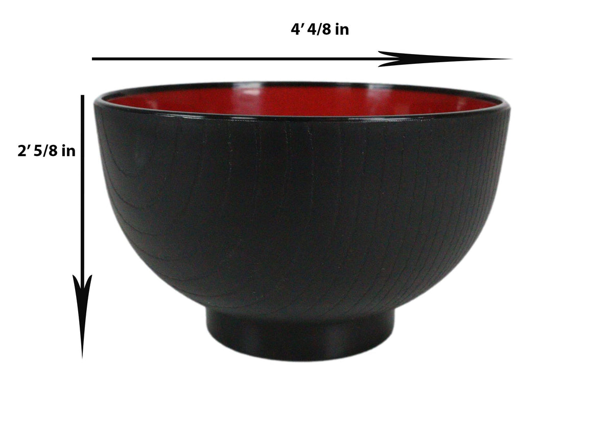 Ebros Japanese Black Red Lacquer Copolymer Plastic Rice Bowl Wood Grain Pattern Set 6