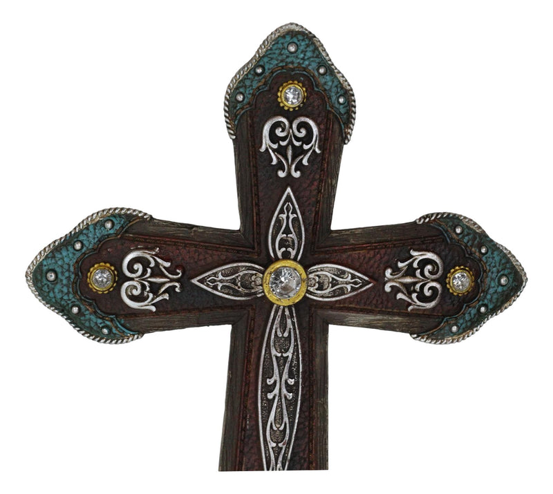 Rustic Western Cowboy Diamond Teardrop Crystals Tooled Leather Wall Cross Plaque