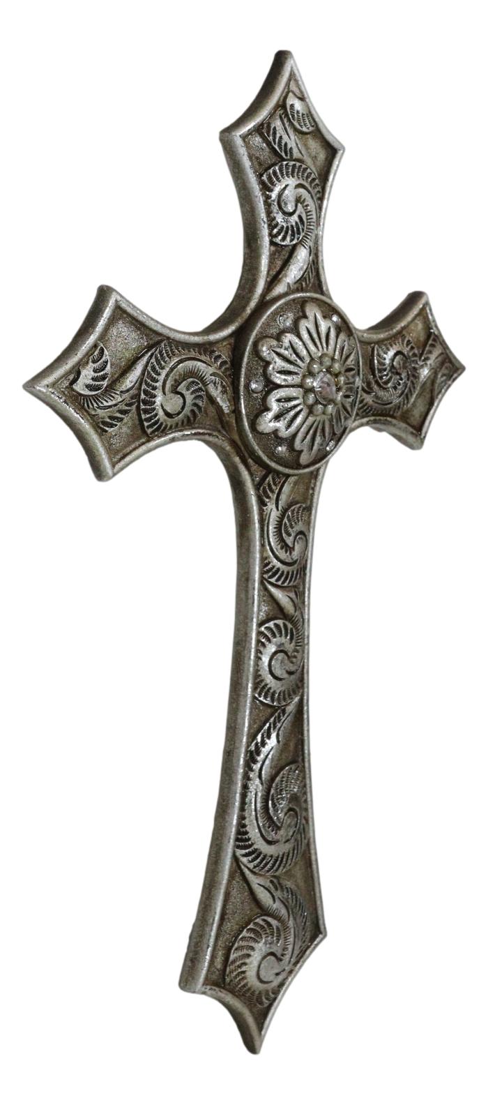 Rustic Western Silver Concho With Ornate Shell Pattern Wall Cross Decor Plaque - Ebros Gift