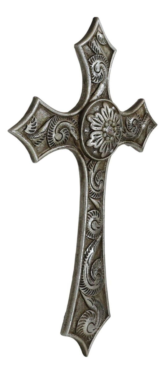 Rustic Western Silver Concho With Ornate Shell Pattern Wall Cross Decor Plaque - Ebros Gift