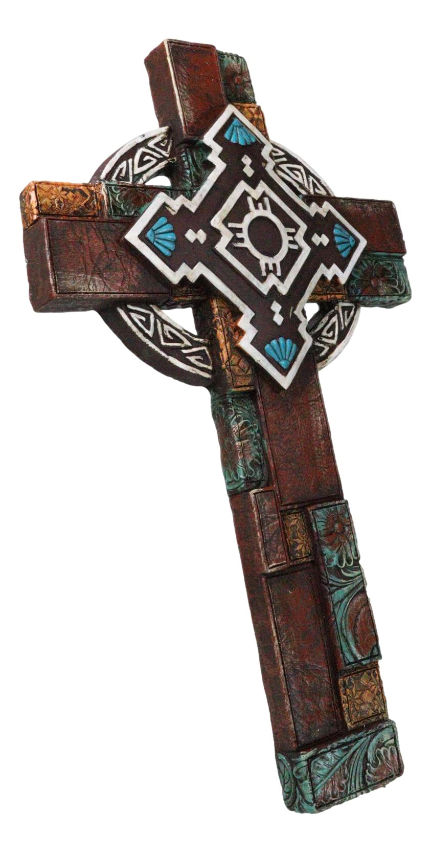 Southwestern Aztec Vector Wheel Trinity Turquoise Floral Faux Leather Wall Cross