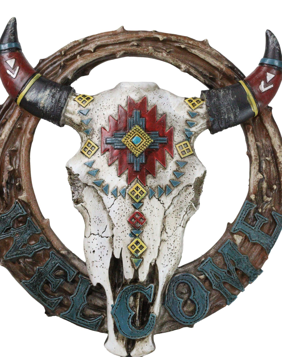 Native Indian Cow Skull with Colorful Navajo Vectors Welcome Wreath Wall Sign