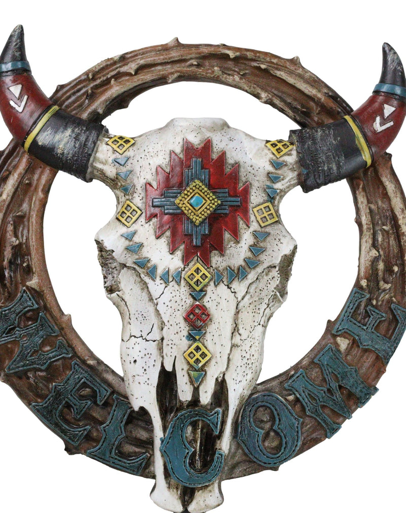 Native Indian Cow Skull with Colorful Navajo Vectors Welcome Wreath Wall Sign