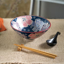 Midnight Blue Pink Floral Ceramic Ramen Bowl Soup Spoon Chopsticks And Rest Set