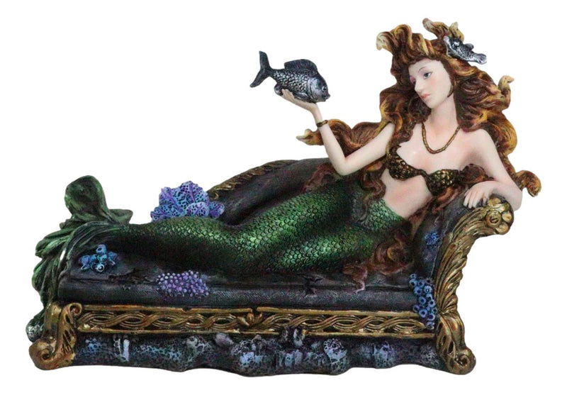 Queen Of Atlantis Siren Mermaid With Fish Resting On Sea Lounge Chair Figurine