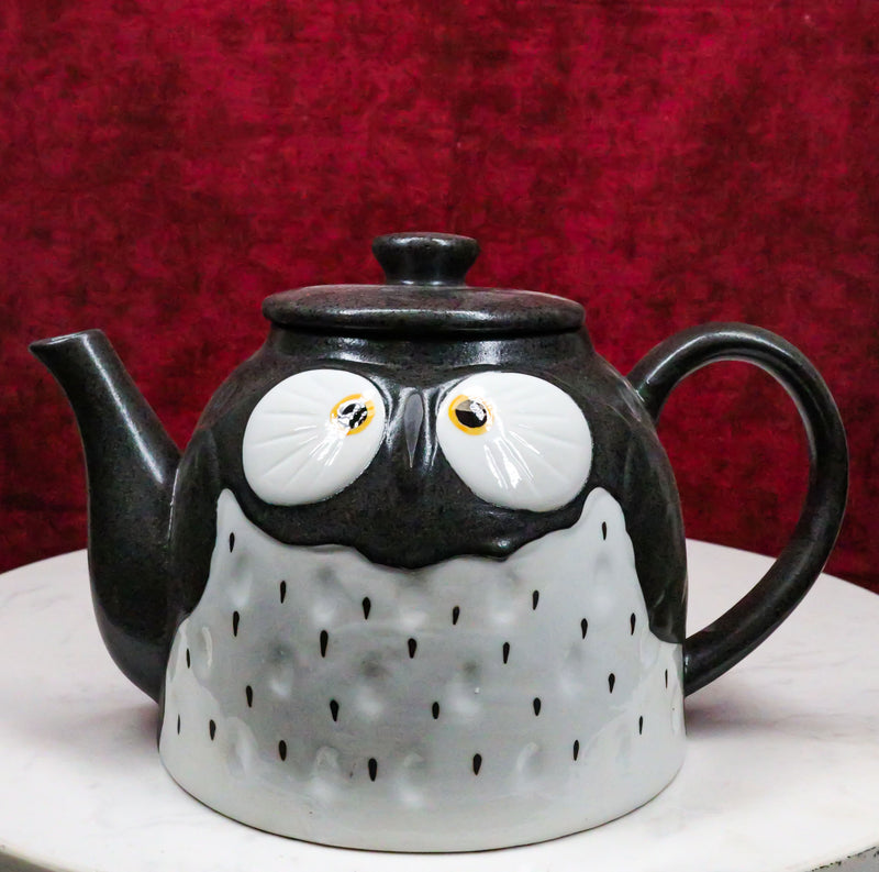 Ebros Gift Whimsical Black Spotted Fat Owl Ceramic 52oz Large Tea Pot With Built In Strainer Spout As Teapots Home Decor Of Owls Owlet Nocturnal Bird Decorative