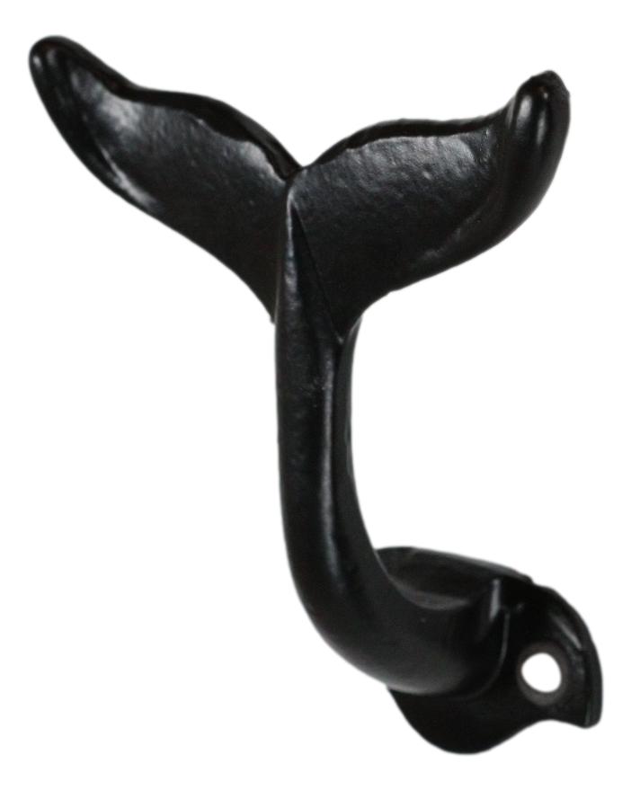 Pack Of 2 Black Cast Iron Nautical Baleen Blue Whale Tail Wall Coat Hook Hangers - Ebros Gift