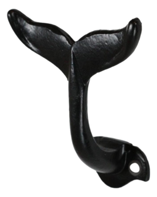 Pack Of 2 Black Cast Iron Nautical Baleen Blue Whale Tail Wall Coat Hook Hangers - Ebros Gift