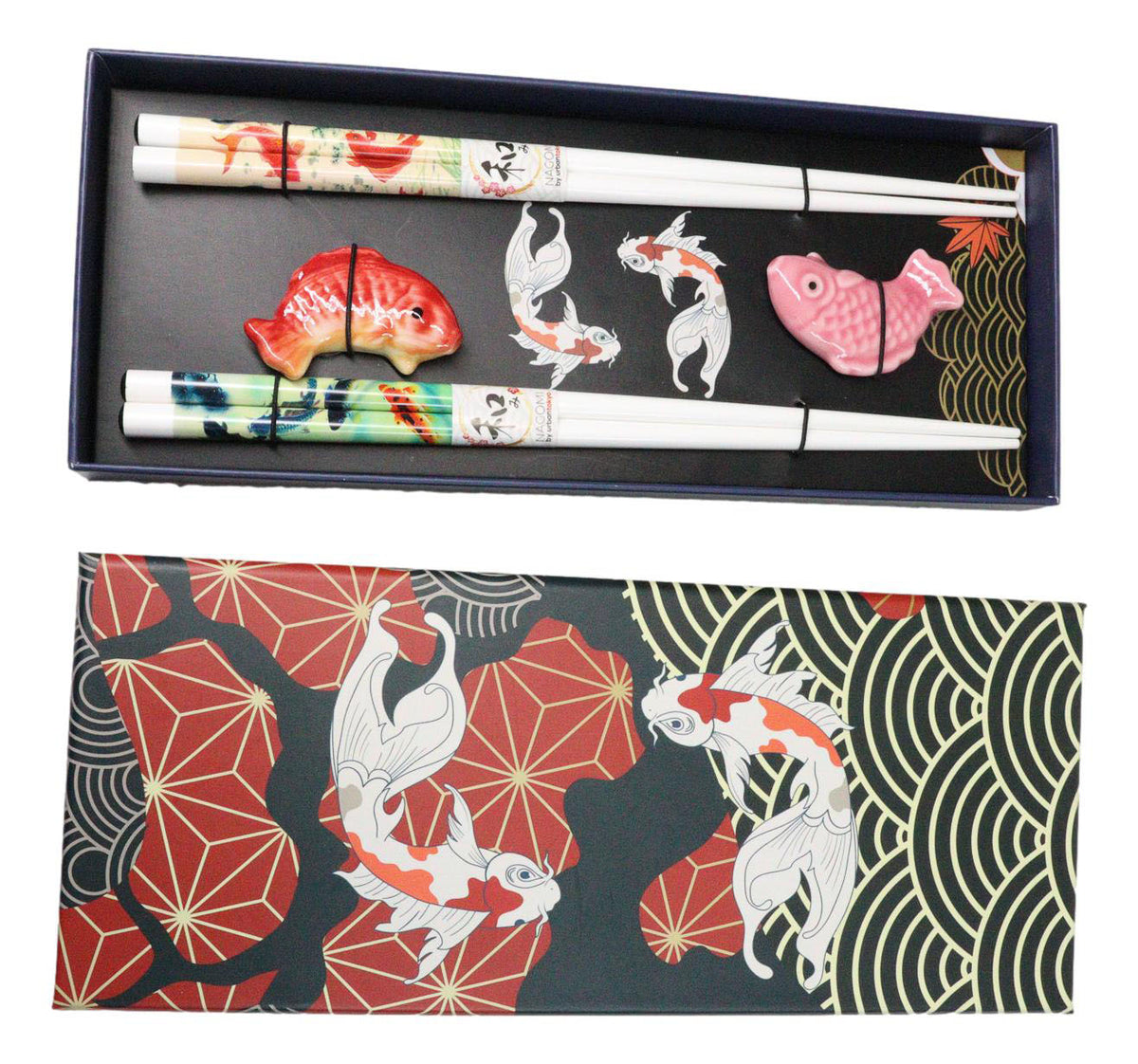 Red And Pink Auspicious Koi Fishes Set of 2 Chopsticks And Ceramic Rests Set