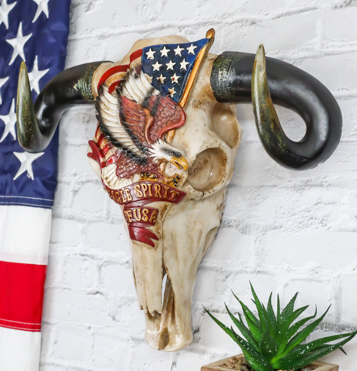 Rustic Western Cow Skull With Bald Eagle American Flag Spirit Of USA Wall Decor