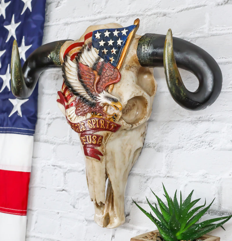Rustic Western Cow Skull With Bald Eagle American Flag Spirit Of USA Wall Decor