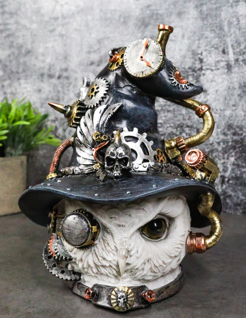 Geared Clockwork Pipes Valves Steampunk Owl With Winged Skull Witch Hat Figurine