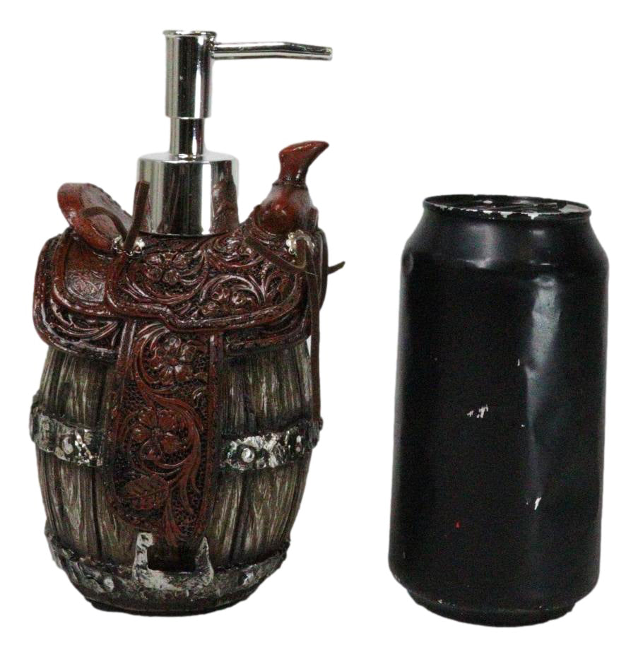 Rustic Western Faux Leather Cowboy Horse Saddle On Barrel Soap Pump Dispenser