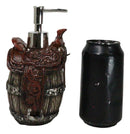Rustic Western Faux Leather Cowboy Horse Saddle On Barrel Soap Pump Dispenser
