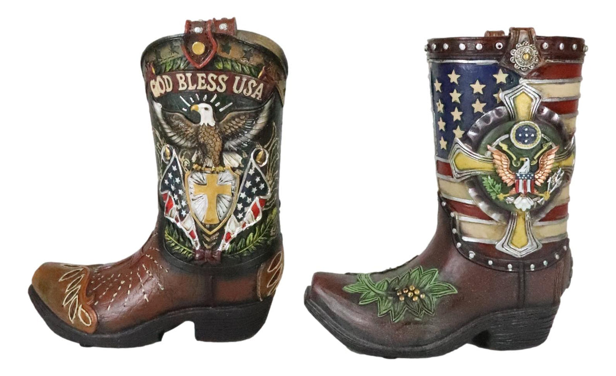 Set Of 2 Rustic Western Patriotic USA Flag Military Cowboy Boot Money Banks