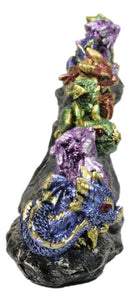 Colorful Metallic Dragon Wyrmlings On Sloped Bridge Cliff Rock Decor Figurine