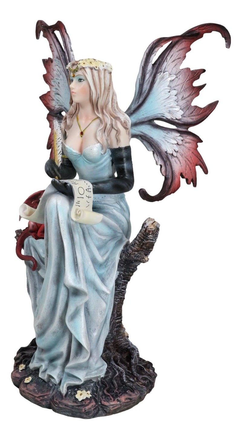 Blonde Fairy Scribe And Red Dragon Writing On Dragons Tales Scroll Figurine