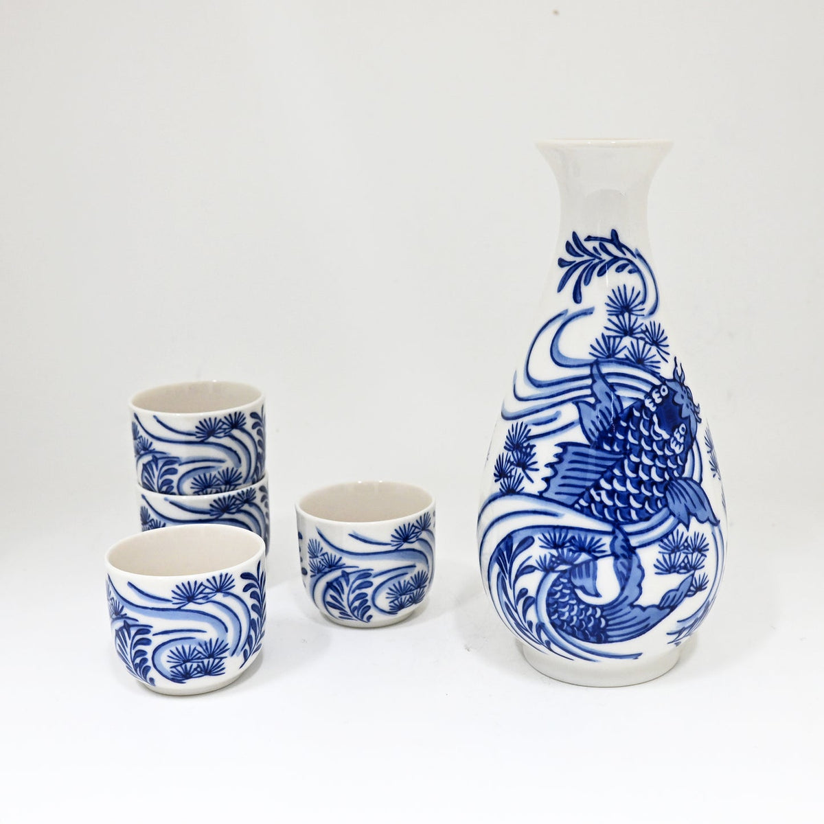 Blue White Koi Fish In River Porcelain Sake Carafe Flask And 4 Ochoko Cups Set