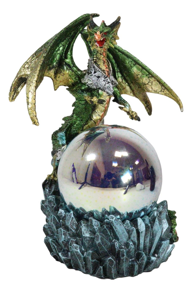 Green And Gold Armored Dragon On Rocky Cliff Edge With LED Optic Ball Figurine