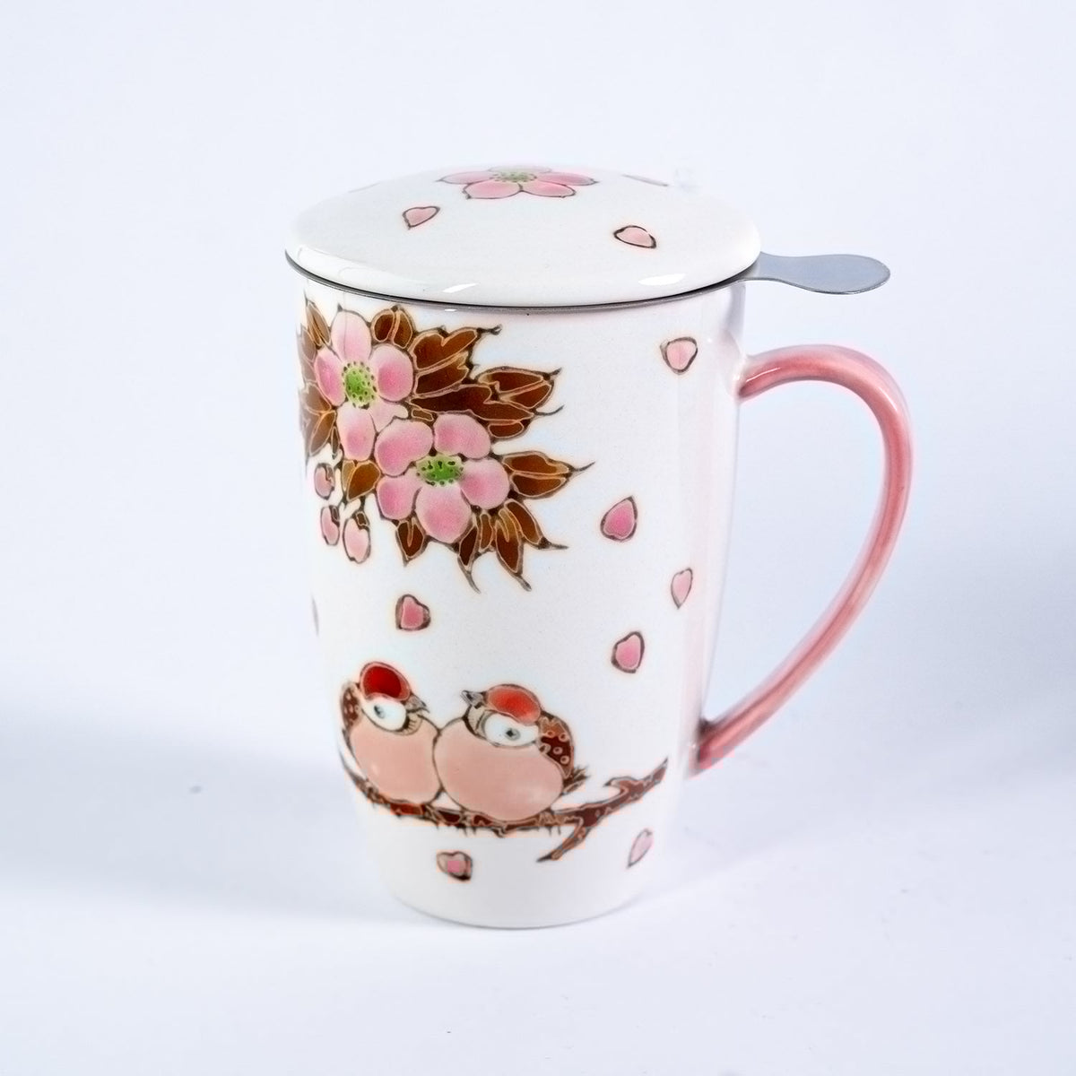 Twin Sparrows Sakura 15oz Porcelain Tea Mug With Lid & Stainless Steel Infuser
