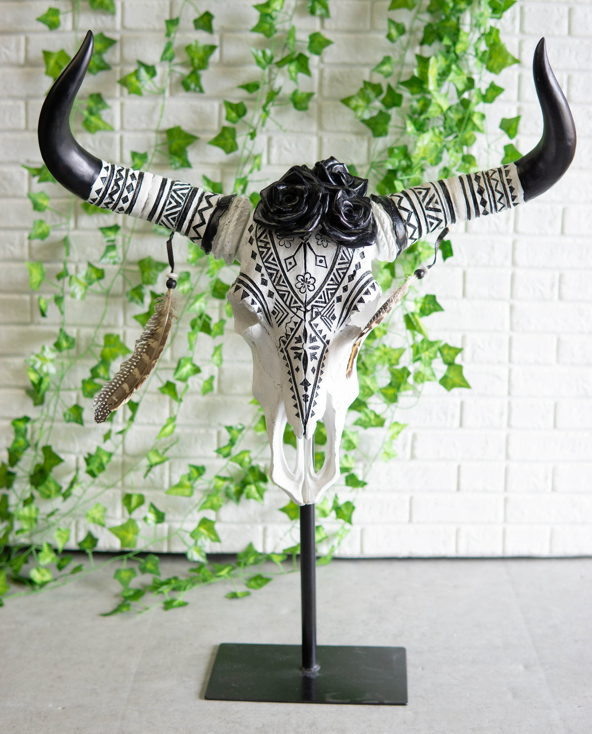 Rustic Western Tribal Tattoo Black Roses Longhorn Cow Skull Desktop Plaque