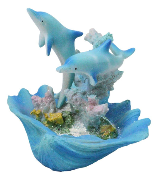Marine Ocean 2 Blue Dolphins Swimming By Coral Reef and Clam Seashell Figurine
