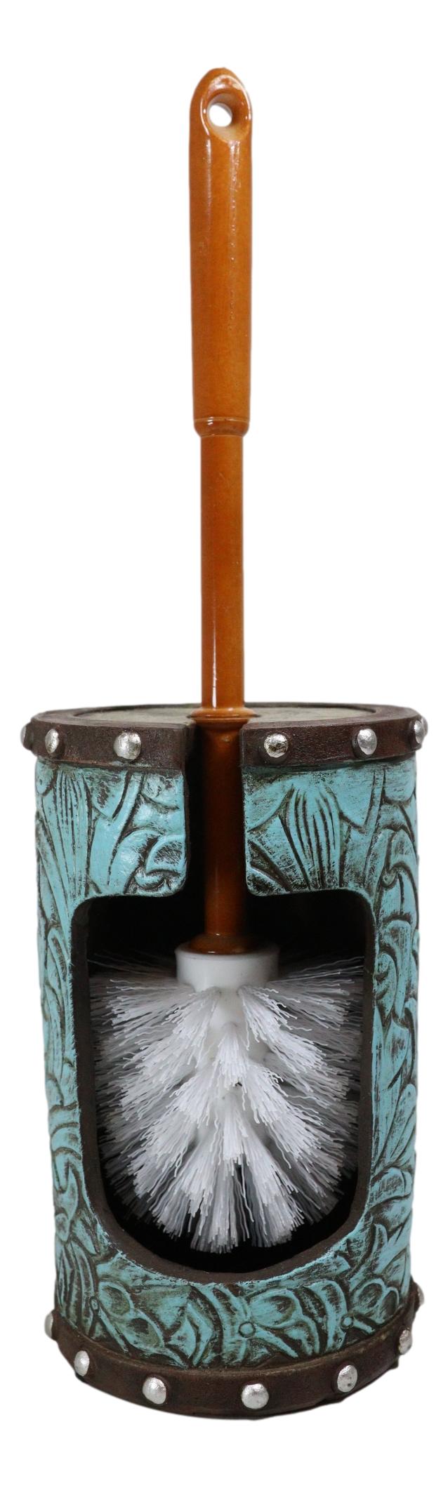 Rustic Vintage Western Turquoise Faux Leather Floral Toilet Brush and Holder Set