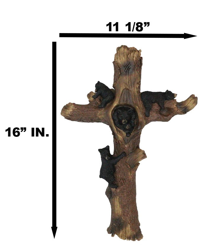 Western Playful Climbing Black Bear Cubs With Mama Bear Faux Tree Log Wall Cross