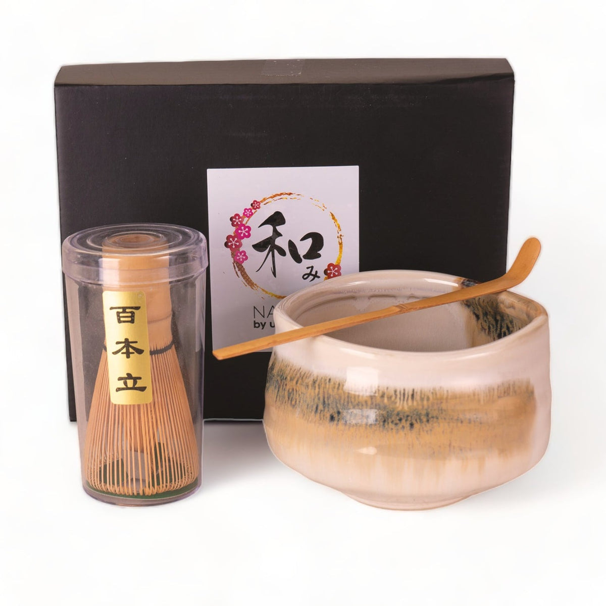 Traditional Brown Earth Ceramic Japanese Matcha Green Tea Bowl Whisk & Scoop Set