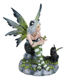 Feline Fairy In Green White Striped Leggings With Black Fae Winged Cat Figurine