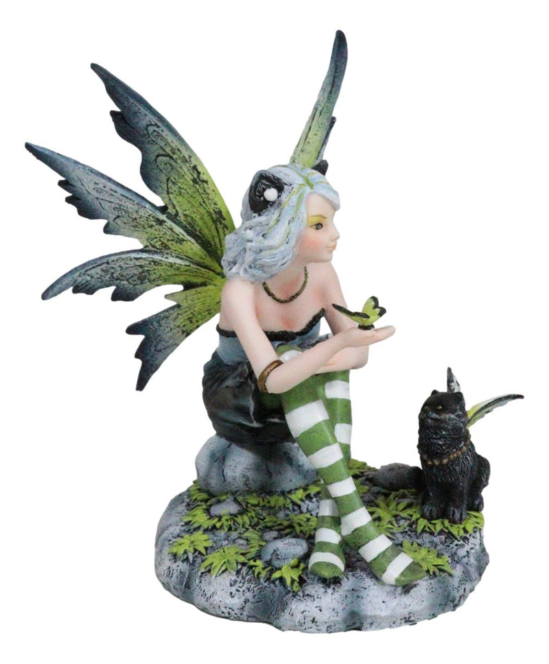 Feline Fairy In Green White Striped Leggings With Black Fae Winged Cat Figurine