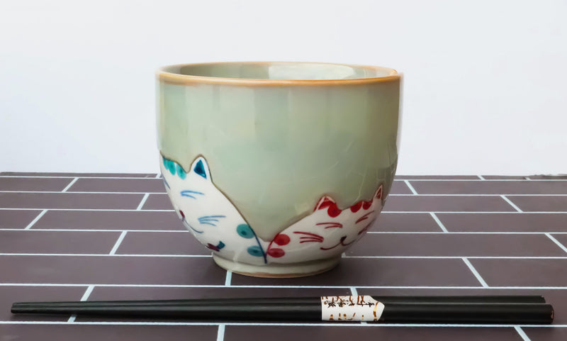 Twin Lucky Cats Japanese Maneki Neko Ceramic Ramen Soup Bowl With Chopsticks Set