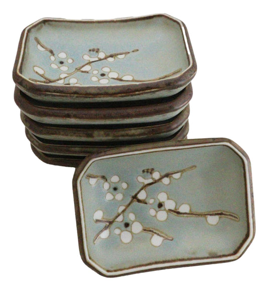 Set Of 6 Japanese Soushun Sakura Porcelain Soy Sauce Rectangular Dipping Bowls - Ebros Gift