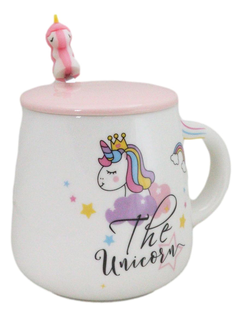 White Whimsical Crowned Unicorn Rainbow Shooting Star Mug With Spoon And Lid