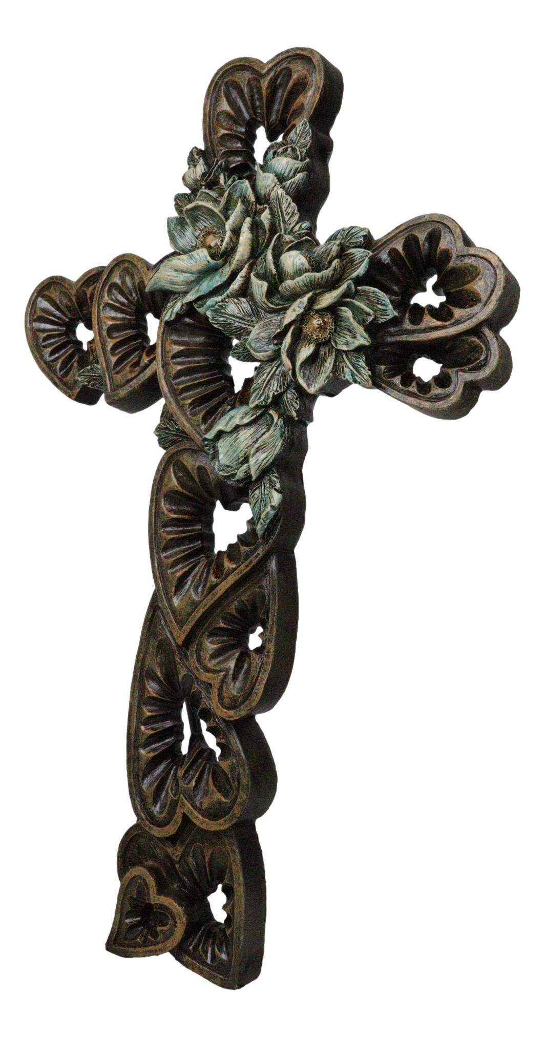 Rustic Western Blooming Flowers Garland With Hearts Decorative Wall Cross
