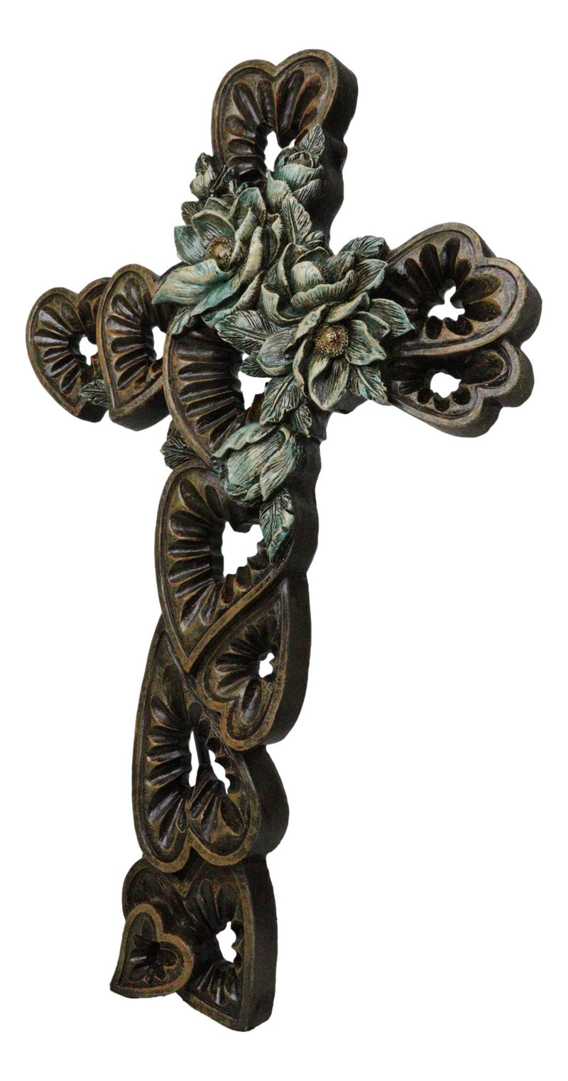 Rustic Western Blooming Flowers Garland With Hearts Decorative Wall Cross
