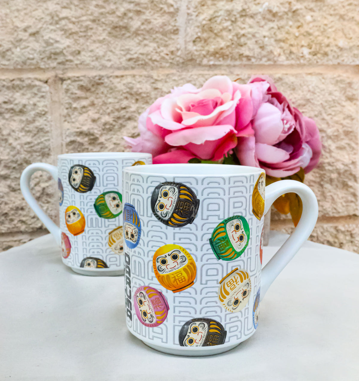 Set Of 2 Daruma Talisman Of Luck And Perseverance Textured Ceramic Mug Cups 11oz