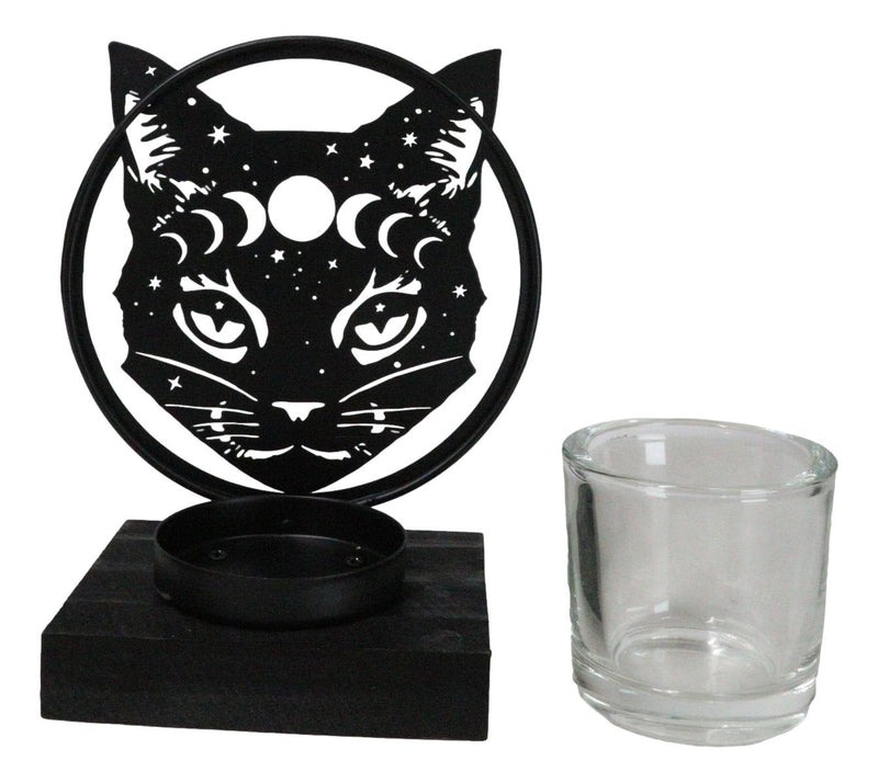 Wicca Phases of The Moon Celestial Black Cat Metal Votive T-Lite Candle Holder