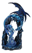 20"H Large Blue Frozen Dragon On Arch With Wyrmling By Ice Stalagmite Statue